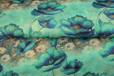 Pasen - Katoen stof - digitaal broderie bloemen - blauw multi - 23054-09