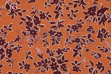 Pommé - Viscose stof - bloemen - oranjeterra bordeaux - 5412-045