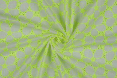 By Poppy - Broderie stof - katoen embroidery - bloemen - neon groen grijs 4921-001