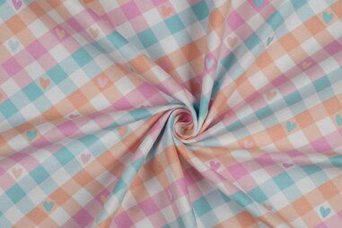 Pyjama stoffen - Flanel stof - ruiten en hartjes - wit roze blauw oranje - 3078-001