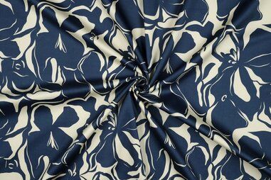 Jeans blauwe stoffen - Katoen stof - katoen satijn - bloemen - jeansblauw - 3146-003