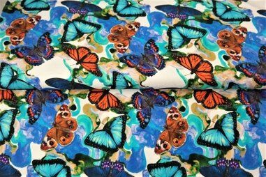 Vlinder motief - Tricot stof - digitaal vlinders - blauw multi - 23968-09