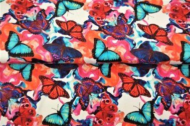 Vlinder motief - Tricot stof - digitaal vlinders - roze multi - 23968-11