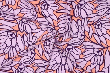 VH stoffen - Viscose stof - Ecovero - bladeren - lichtpaars oranje - 4014-012