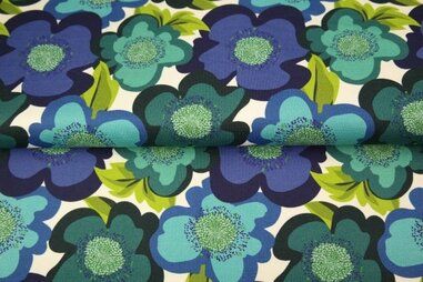 Stenzo stoffen - Tricot stof - digitaal bloemen - blauw groen multi - 23246-09