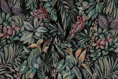 3451 - Polyester - Gobelin - Blätter - schwarz - 3451-001