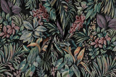 Decoratie en aankleding stoffen - Polyester stof - gobelin - bladeren - zwart - 3451-001
