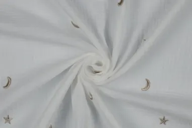 Ster motief stoffen - Hydrofiel stof - geborduurde maan en sterren - gebroken wit - 3300-010