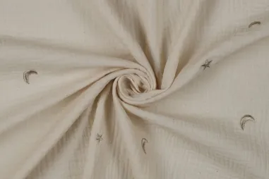 Beige Stoffe - Musselin - gestickter Mond und Sterne - beige - 3300-062