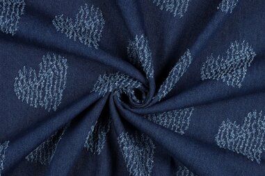 Donkerblauwe stoffen - Spijkerstof - jeans - jacquard harten - donkerblauw - 3315-001