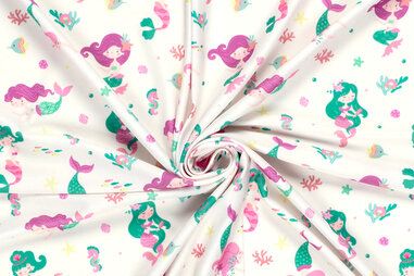 82% polyester, 18% elastan stoffen - Tricot stof - swimwear - zeemeermin - gebroken wit - 21673-051