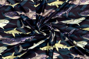 Voorjaar stoffen - Tricot stof - swimwear - haaien - marineblauw - 21684-008