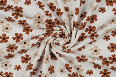 95% Baumwolle, 5% Lycra - Tricot stof - gebreide wafel bloemen - ecru - 3151-001
