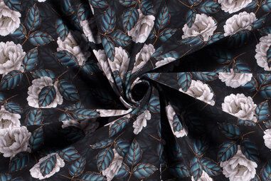 Petrol blauw - Sofstshell stoff - bloemen - petrolblauw - 20425-024