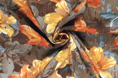 125gr/M² - Viscose stof - borken crepe lurex - bloemen - taupe multi - 22051-054