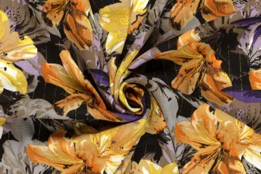 Multi stoffen - Viscose stof - borken crepe lurex - bloemen - zwart multi - 22051-069