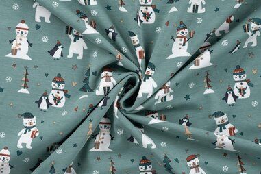 Stoffen kerst motief - Kerst stof - tricot - kerstprint sneeuwpop - dusty mint - 3001-220