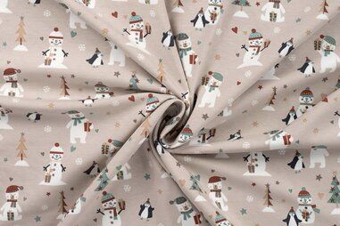 Stoffen kerst motief - Kerststof - tricot - kerstprint sneeuwpop - zand - 3001-520