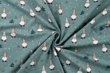 Weihnachtsmotiv - Kerst stof - tricot - gnomes en kerstbomen - oudgroen - 3002-220