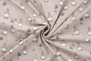 Stoffen kerst motief - Kerststof - tricot - gnomes en kerstbomen - zand - 3002-520