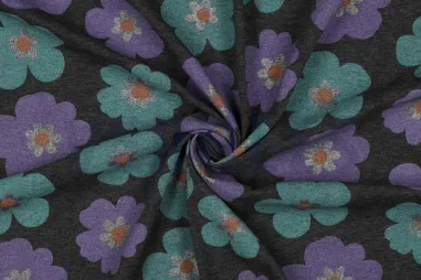 65% polyester, 30% katoen, 5% elastan - Tricot stof - glitter - bloemen - antraciet - 3143-042
