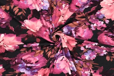 Bloemen motief stoffen - Tricot stof - digitaal bloemen - roze paars zwart - 21147-875