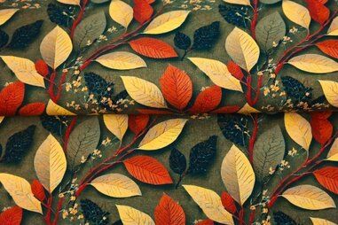 Multi kleur stoffen - Tricot stof - digitaal bladeren - bruin multi - 24011-33