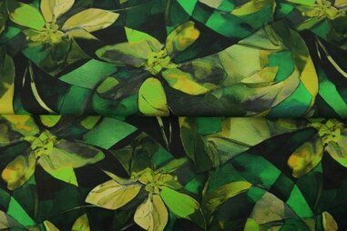 Uitverkoop - Tricot stof - digitaal bladeren abstract - groen multi - 24028-10