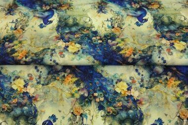 Stenzo stoffen uitverkoop - Tricot stof - digitaal pauw - geel blauw - 24948-15
