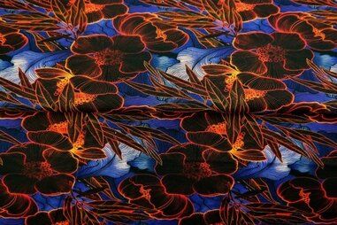 Stoffe - Tricot stof - digitaal abstract bloemen - oranje blauw multi - 24904-13