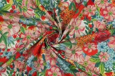 Multi kleur stoffen - Viscose stof - Ecovero - digitaal bloemen - gebroken wit multi - 4295-001