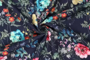 Ramie (Linnen) stoffen - Linnen stof - ramie - bloemen - donkerblauw - 20822-600