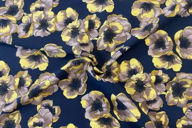 86% viscose, 14% polyamide stoffen - Viscose stof - nylon - bloemen - geel - 22024-034