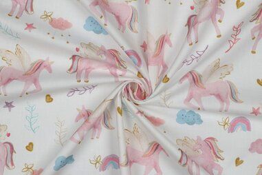 By Poppy - Katoen stof - poplin - digitaal unicorns - wit - 4084-001