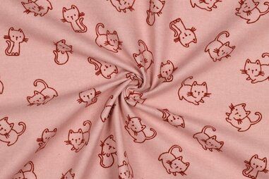 Babydeken stoffen - Flanel stof - katten - oudroze - 4093-008