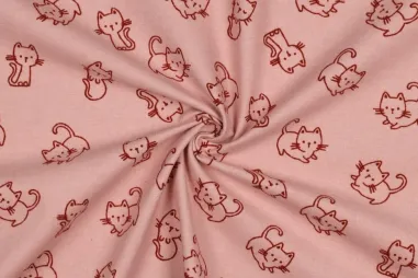 Ledikantdeken stoffen - Flanel stof - katten - oudroze - 4093-008