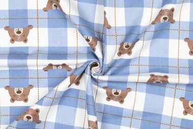 Geruite stoffen - Flanel stof - ruiten en beertjes - lichtblauw - 4094-002