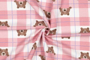 By Poppy - Flanel stof - ruiten en beertjes - lichtroze - 4094-004
