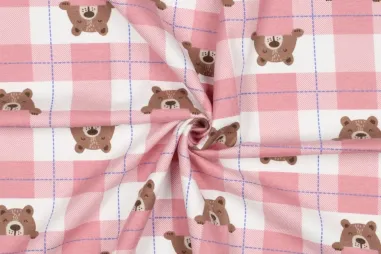 Geruite stoffen - Flanel stof - ruiten en beertjes - lichtroze - 4094-004
