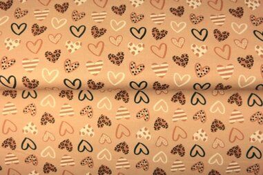 Stenzo stoffen uitverkoop - Tricot stof - digitaal hartjes - donker beige - 24218-22