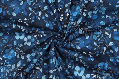 katoenen stoffen met print - Katoen stof - poplin - blaadjes - kobalt - 4142-001