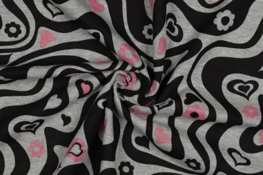 Bloemen motief stoffen - Sweattricot - glitter hartjes en bloemen - lichtgrijs gemèleerd - 4184-002