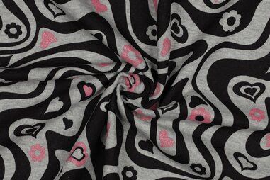 Lichtgrijs - Sweattricot - glitter hartjes en bloemen - lichtgrijs gemèleerd - 4184-002