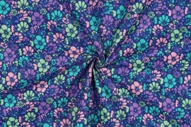 Poncho stoffen - Katoen met coating - bloemen - kobalt paars - 4167-010