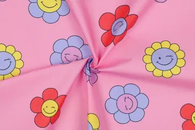 90% katoen, 10% polyacryl - Katoen met coating - bloemen - roze - 4168-002