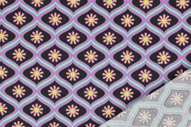 Lila Stoffe - Baumwolle mit Coating - Fantasie Blumen - schwarz lila - 4169-005