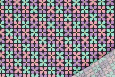 90% katoen, 10% polyacryl - Baumwolle mit Coating - Fantasie Blumen - schwarz lila mint rosa - 4169-015