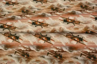 Uitverkoop - Tricot stof - French Terry - digitaal vliegtuigen - bruin - 24560-33