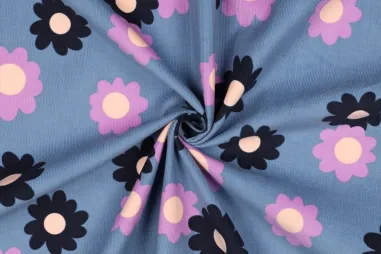 Pommé 2025 stoffen - Ribcord - Babycord - Blumen - jeansblau - 24/4073-005