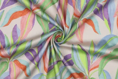 Pommé 2025 stoffen - Baumwolle - Satin - digitale Blätter - ecru - 24/4089-001